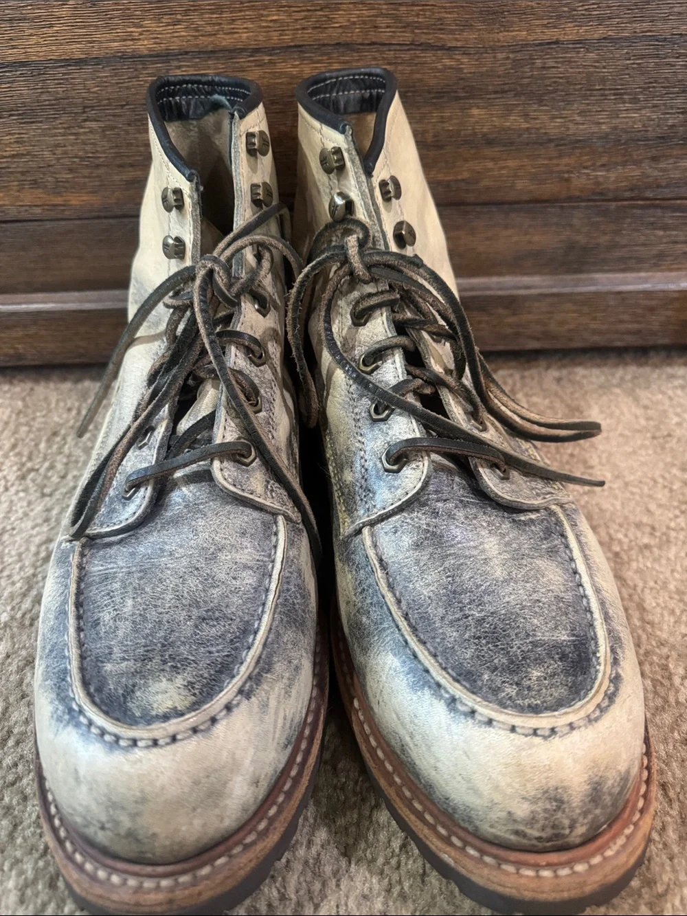 Frye Men's Distressed Tan Leather Moc Toe Lace-Up Boots